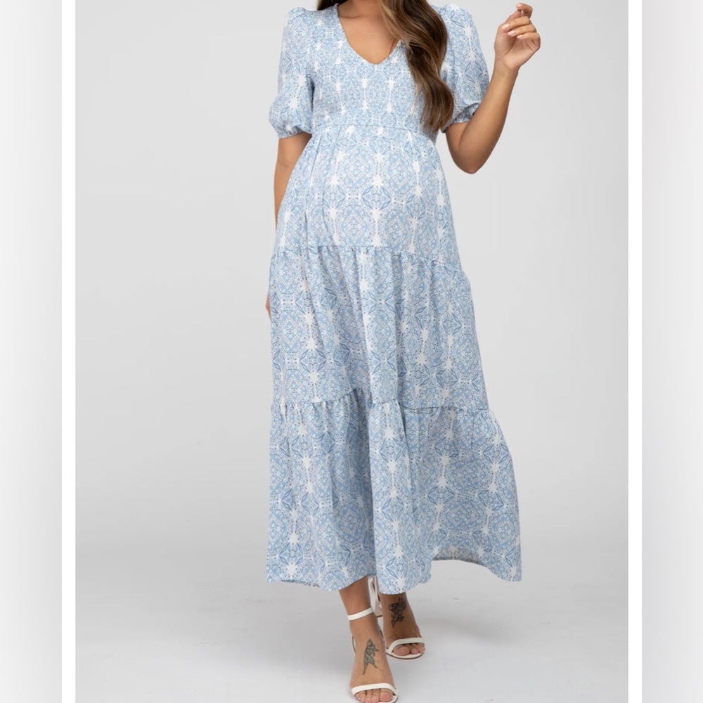 PinkBlush Blue Paisley Print Smocked Tiered Maternity Maxi Dress